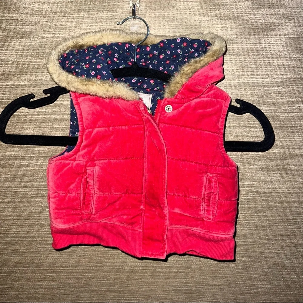 Vintage OshKosh Hooded Red Velvet Jacket Vest Youth Girls 18 months Floral Lined